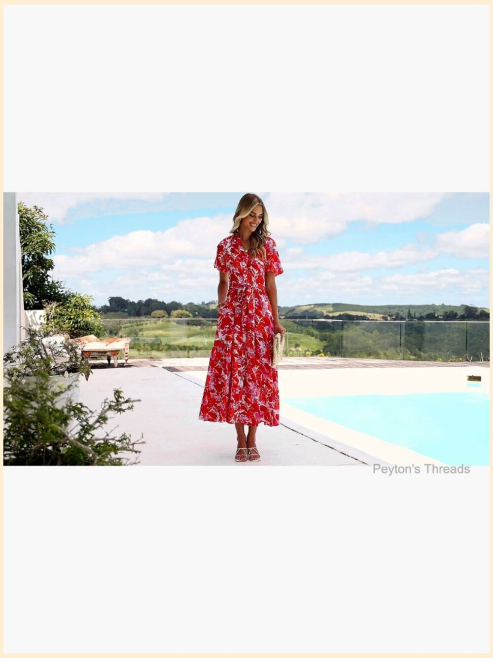 Boho Short Sleeve V Neck Button Belt Flowy Maxi Dress with Pockets - Picture 7 of 7